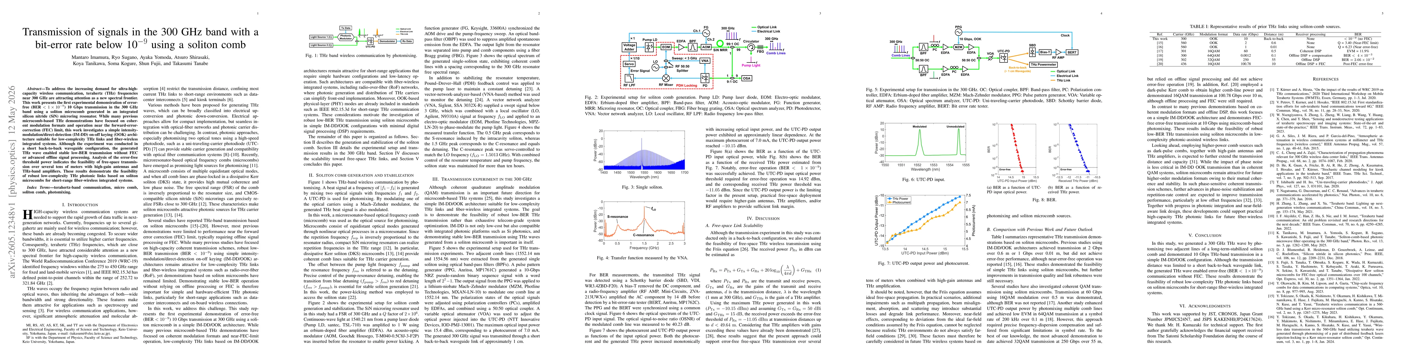 Thumbnail for Transmission of signals in the 300 GHz band with a bit-error rate below ${10}^{-9}$ using a soliton comb