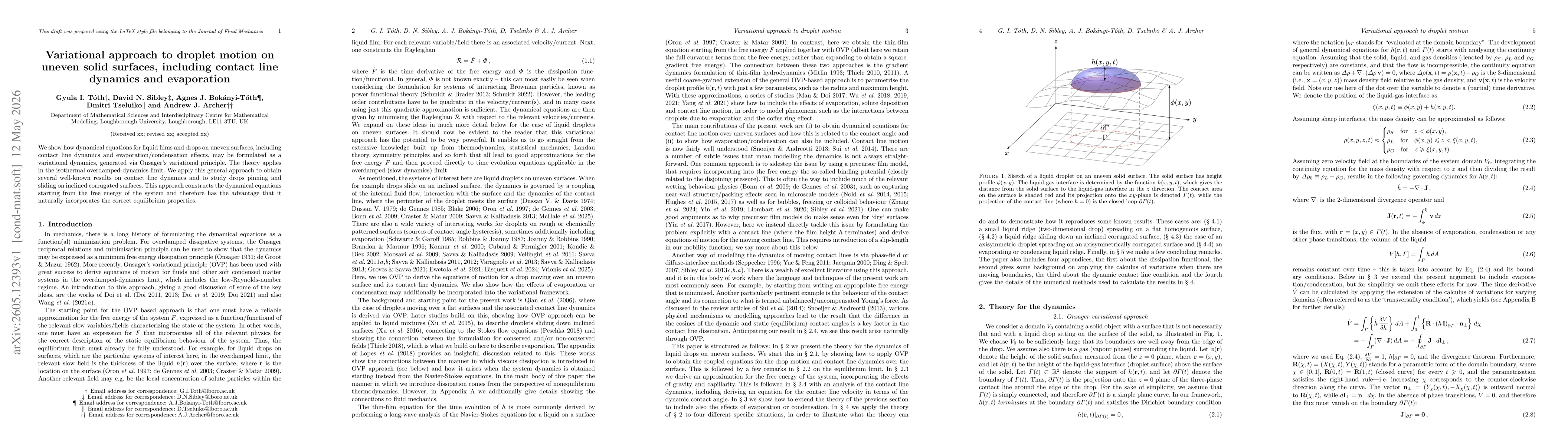 Thumbnail for Variational approach to droplet motion on uneven solid surfaces, including contact line dynamics and evaporation