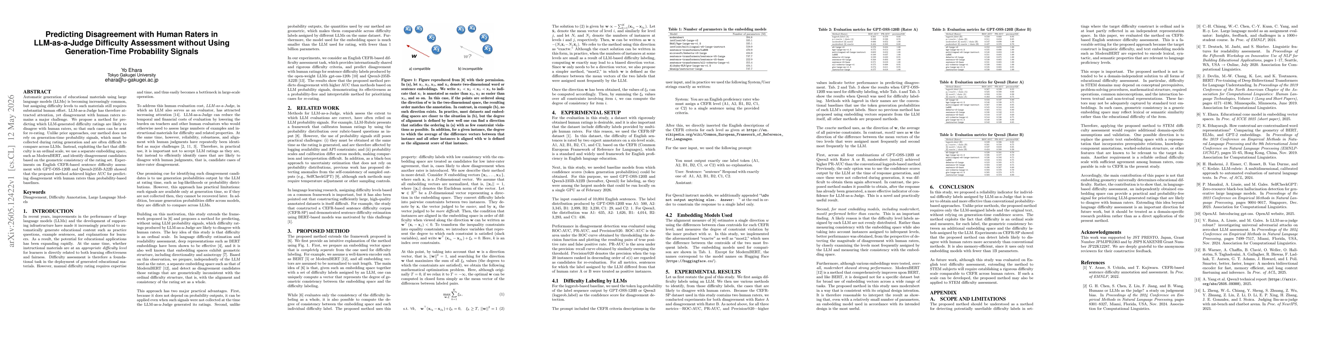 Thumbnail for Predicting Disagreement with Human Raters in LLM-as-a-Judge Difficulty Assessment without Using Generation-Time Probability Signals