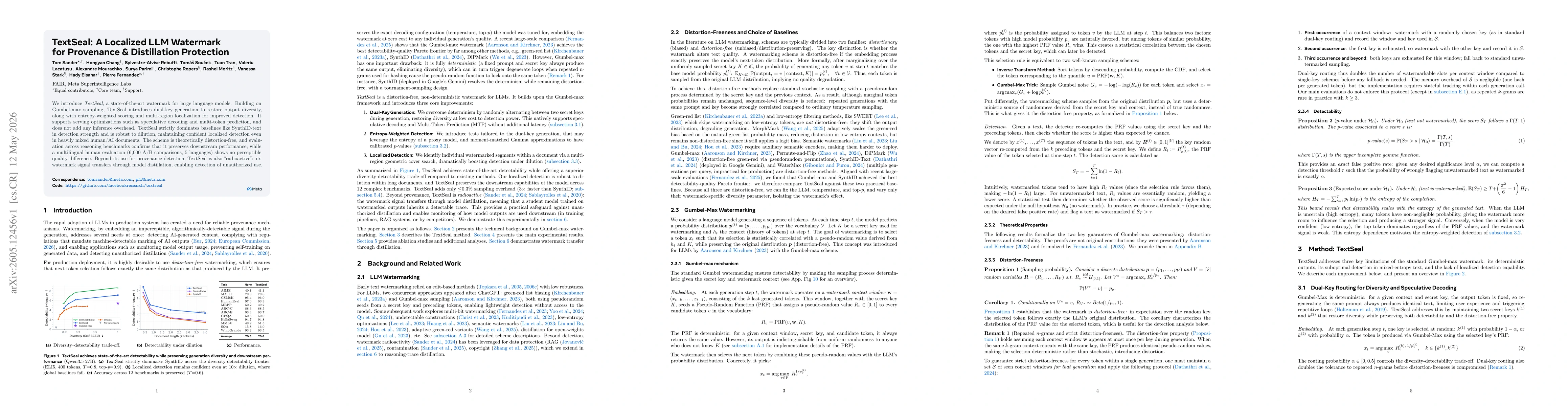 Thumbnail for TextSeal: A Localized LLM Watermark for Provenance & Distillation Protection