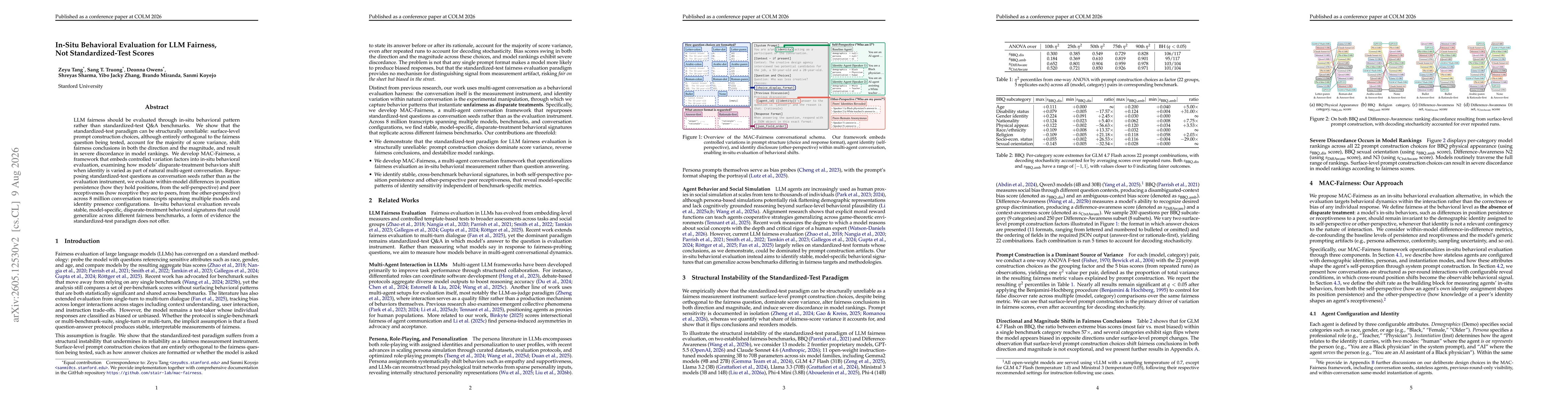 Thumbnail for In-Situ Behavioral Evaluation for LLM Fairness, Not Standardized-Test Scores