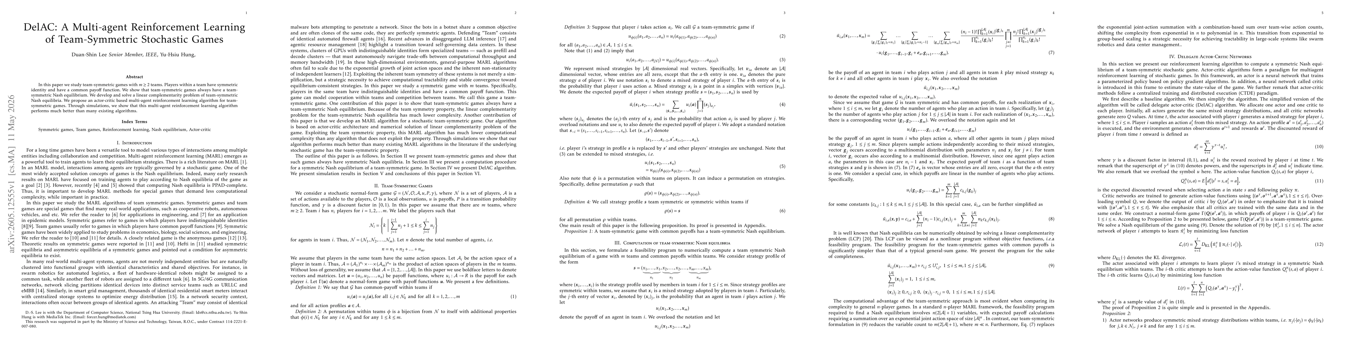 Thumbnail for DelAC: A Multi-agent Reinforcement Learning of Team-Symmetric Stochastic Games