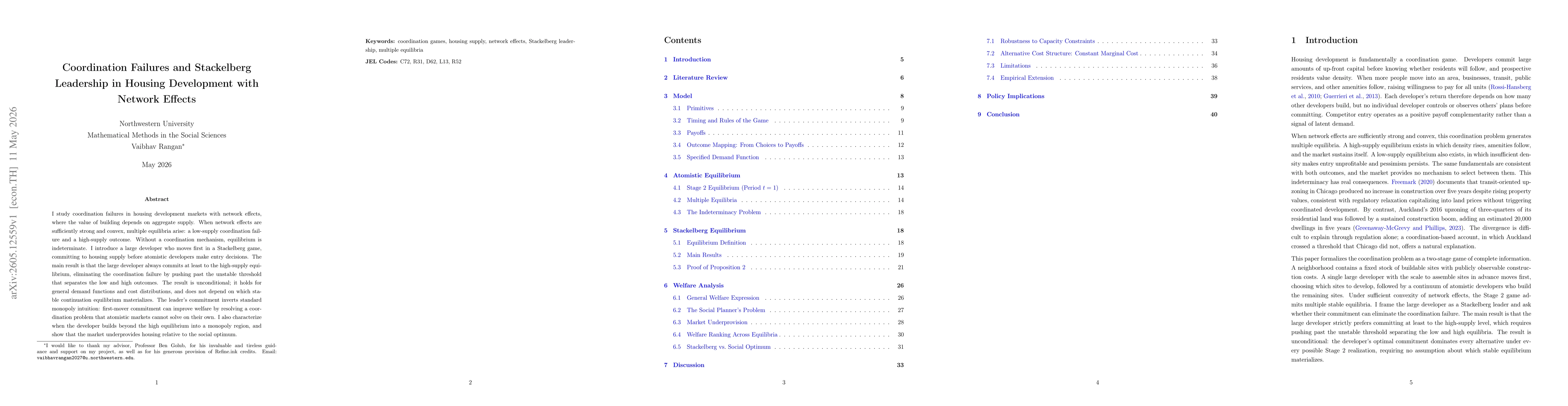 Thumbnail for Coordination Failures and Stackelberg Leadership in Housing Development with Network Effects