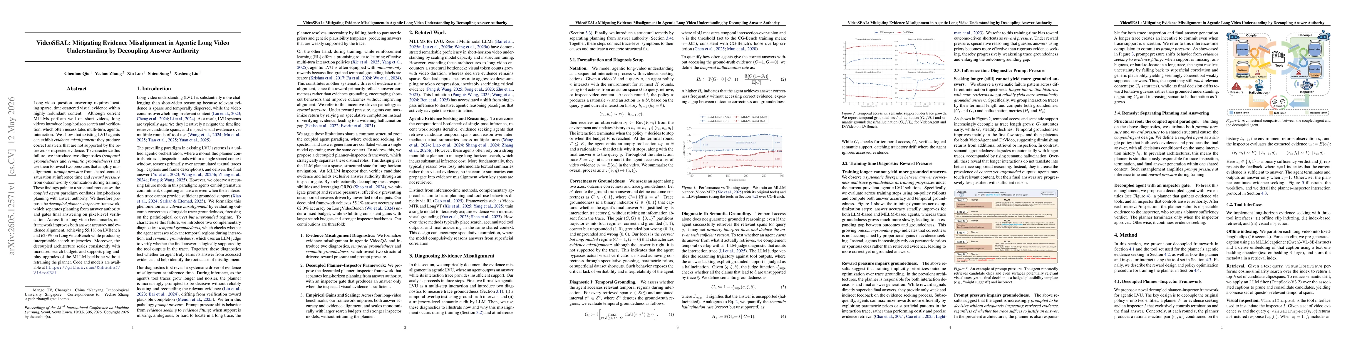 Thumbnail for VideoSEAL: Mitigating Evidence Misalignment in Agentic Long Video Understanding by Decoupling Answer Authority