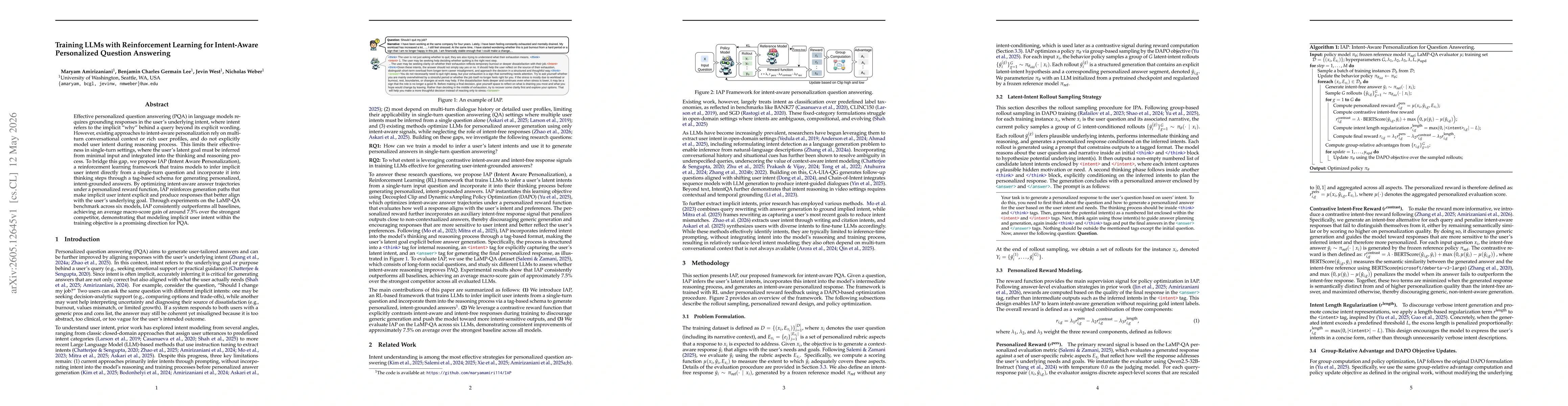 Thumbnail for Training LLMs with Reinforcement Learning for Intent-Aware Personalized Question Answering