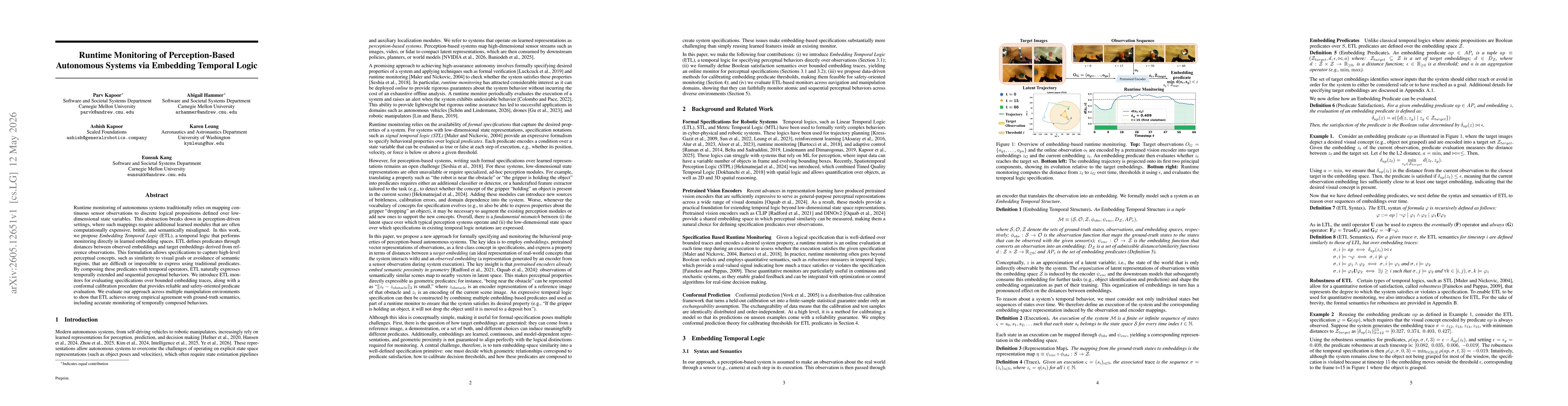 Thumbnail for Runtime Monitoring of Perception-Based Autonomous Systems via Embedding Temporal Logic