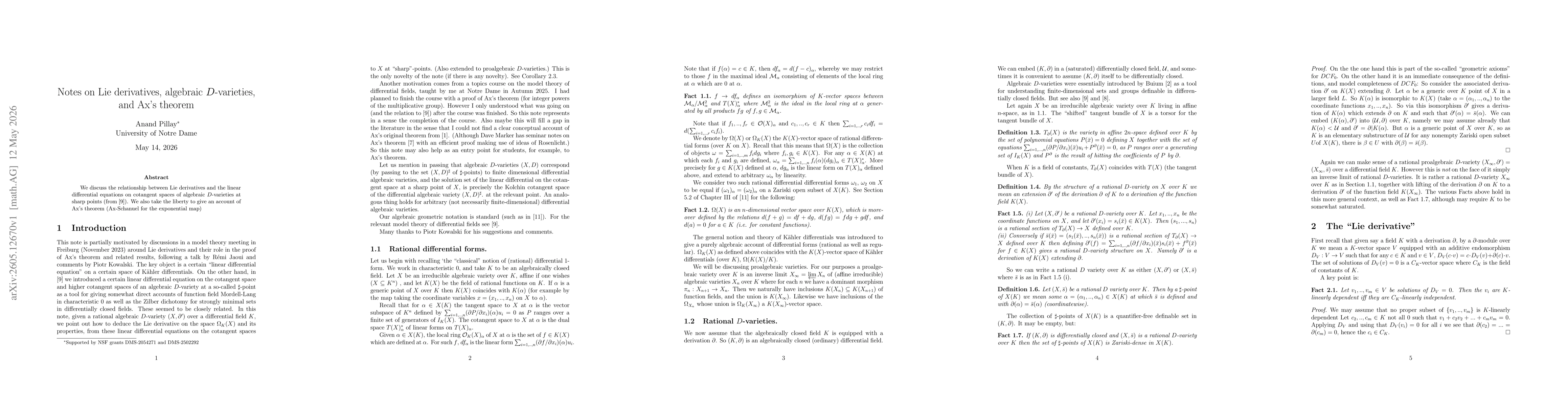Thumbnail for Notes on Lie derivatives, algebraic D-varieties, and Ax's theorem