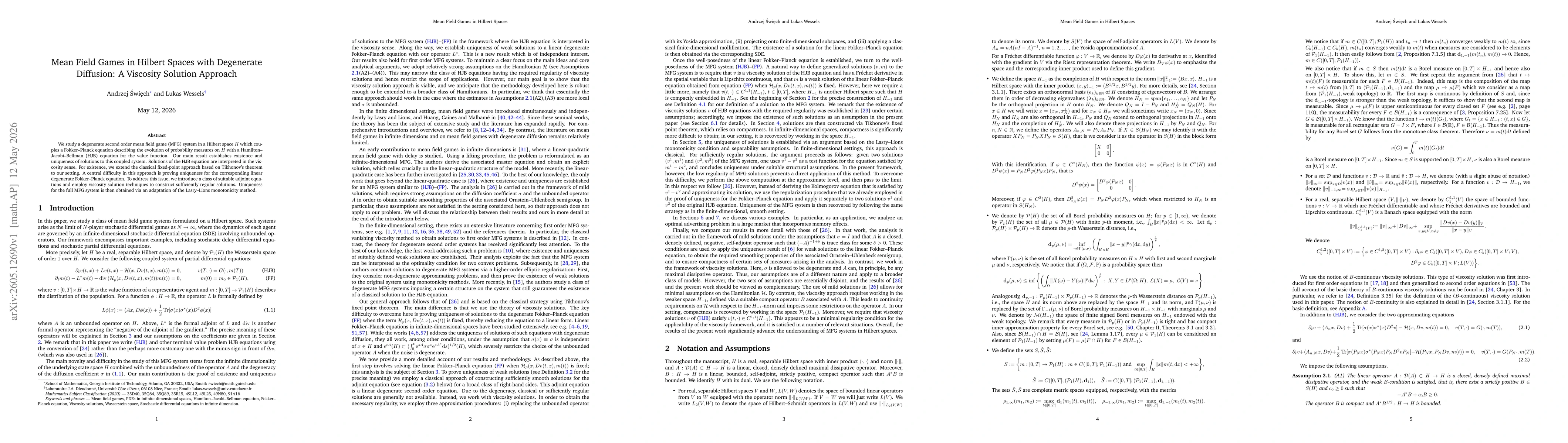 Thumbnail for Mean Field Games in Hilbert Spaces with Degenerate Diffusion: A Viscosity Solution Approach