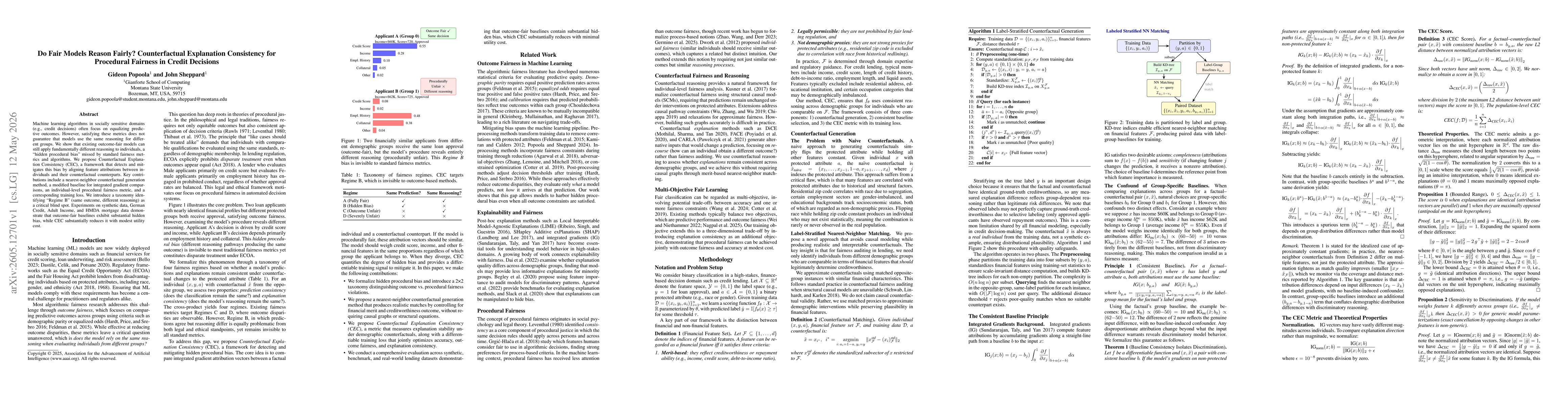 Thumbnail for Do Fair Models Reason Fairly? Counterfactual Explanation Consistency for Procedural Fairness in Credit Decisions