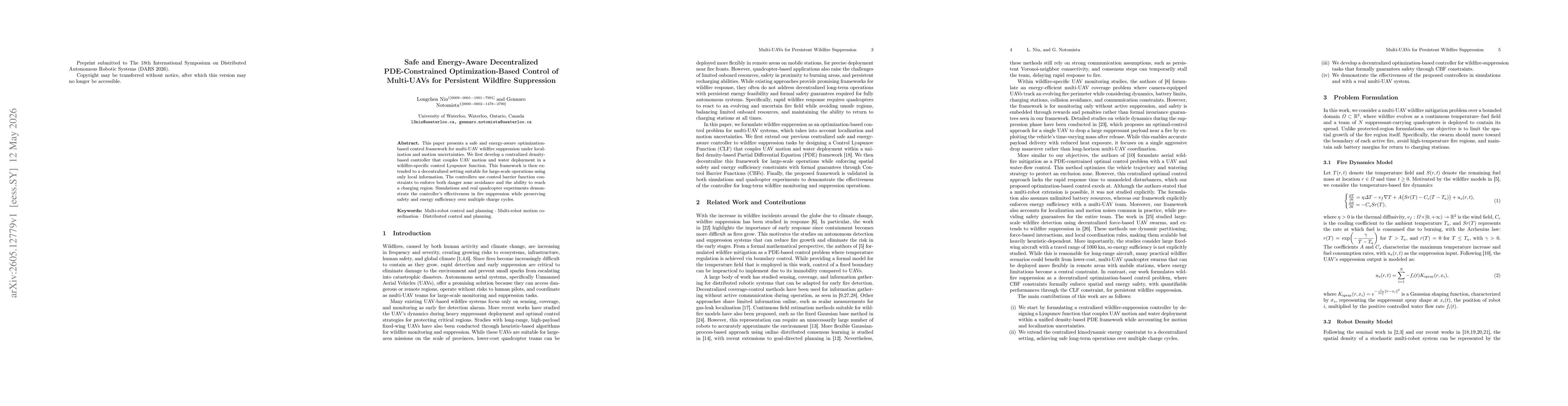 Thumbnail for Safe and Energy-Aware Decentralized PDE-Constrained Optimization-Based Control of Multi-UAVs for Persistent Wildfire Suppression