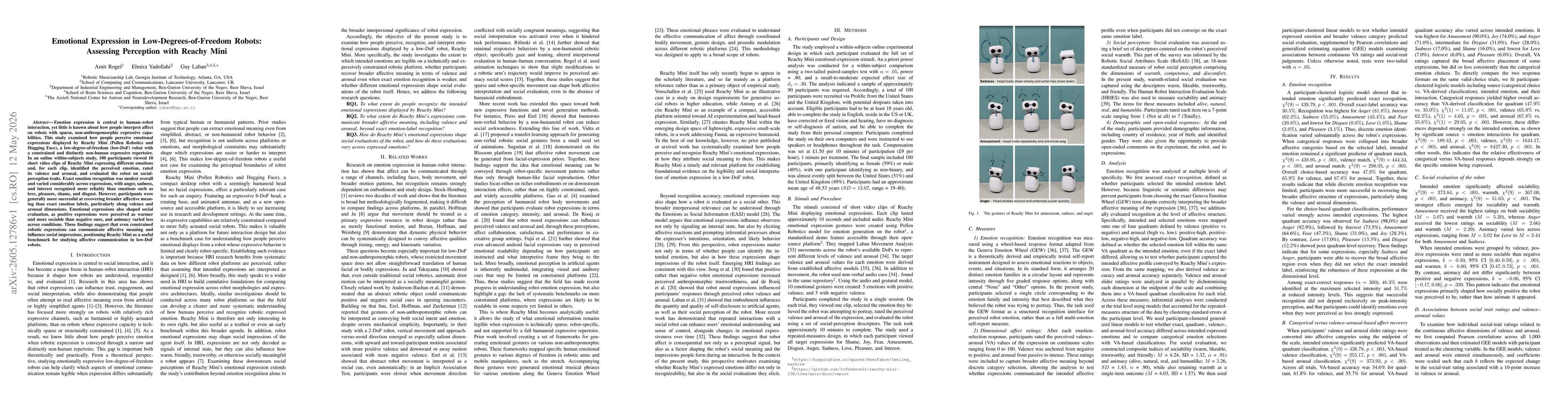 Thumbnail for Emotional Expression in Low-Degrees-of-Freedom Robots: Assessing Perception with Reachy Mini