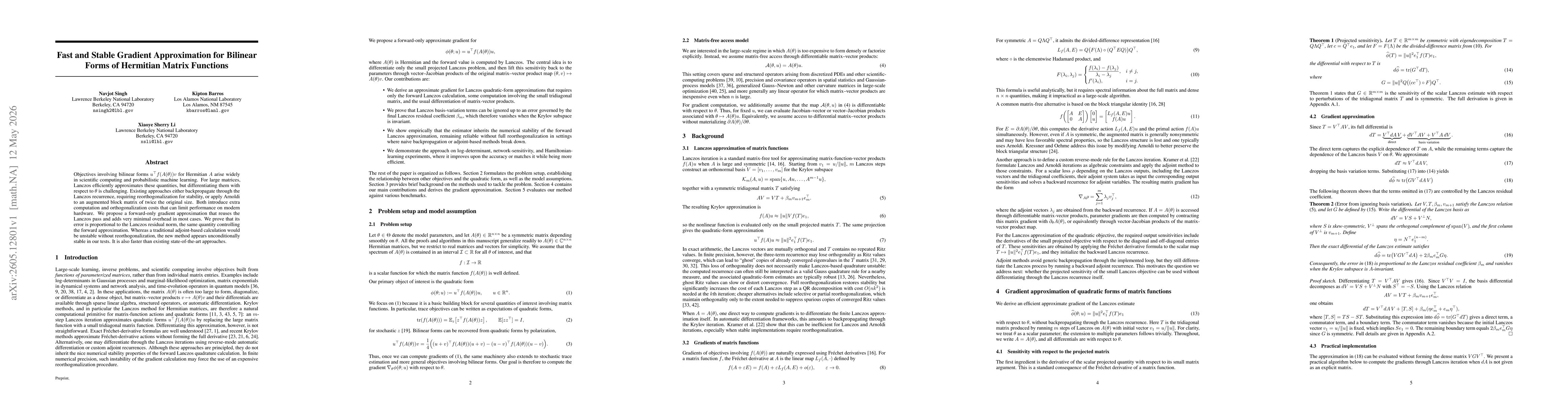 Thumbnail for Fast and Stable Gradient Approximation for Bilinear Forms of Hermitian Matrix Functions
