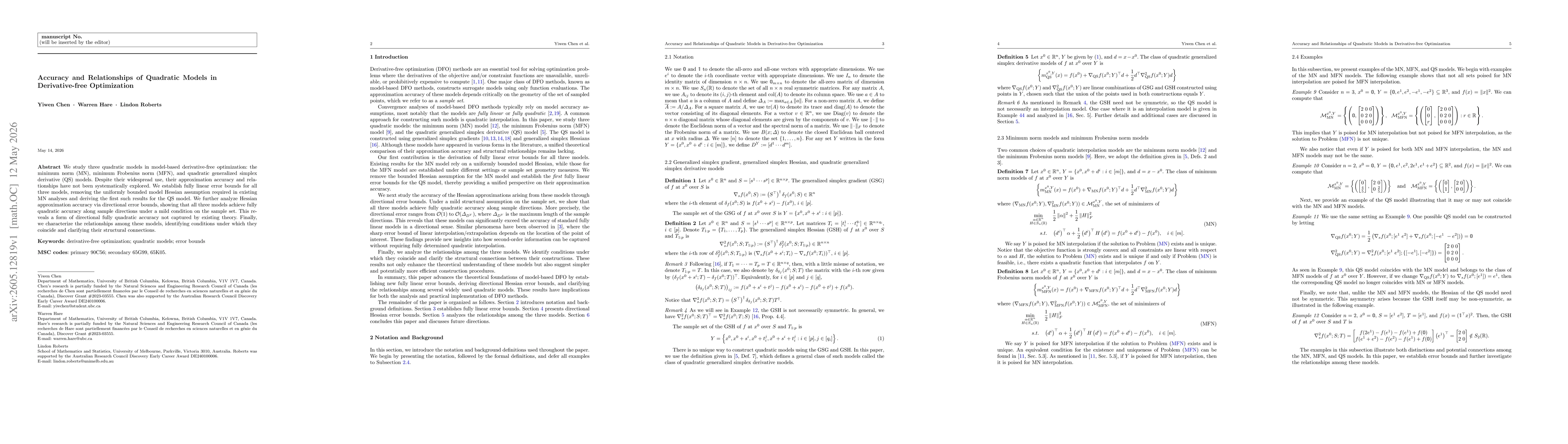 Thumbnail for Accuracy and Relationships of Quadratic Models in Derivative-free Optimization