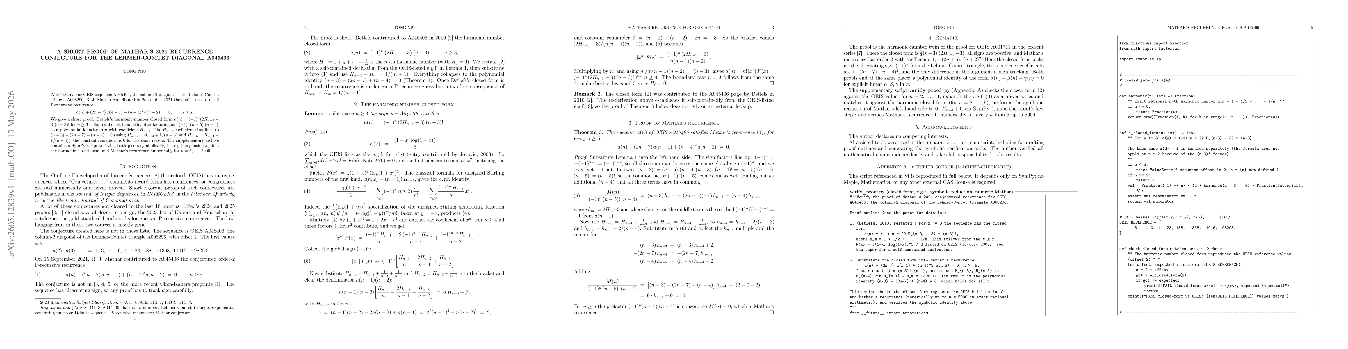Thumbnail for A short proof of Mathar's 2021 recurrence conjecture for the Lehmer-Comtet diagonal A045406