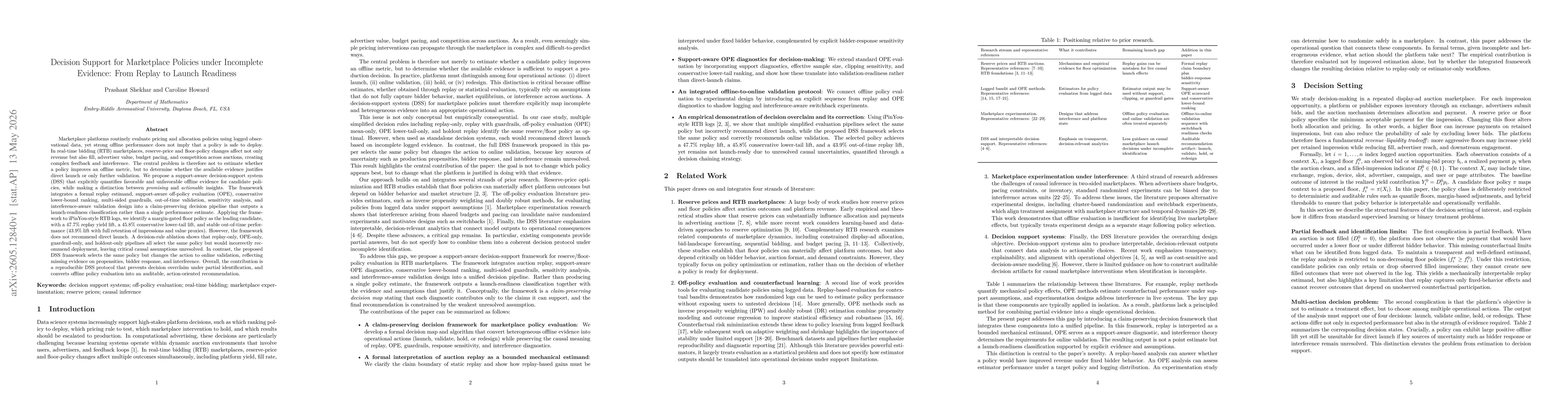 Thumbnail for Decision Support for Marketplace Policies under Incomplete Evidence: From Replay to Launch Readiness