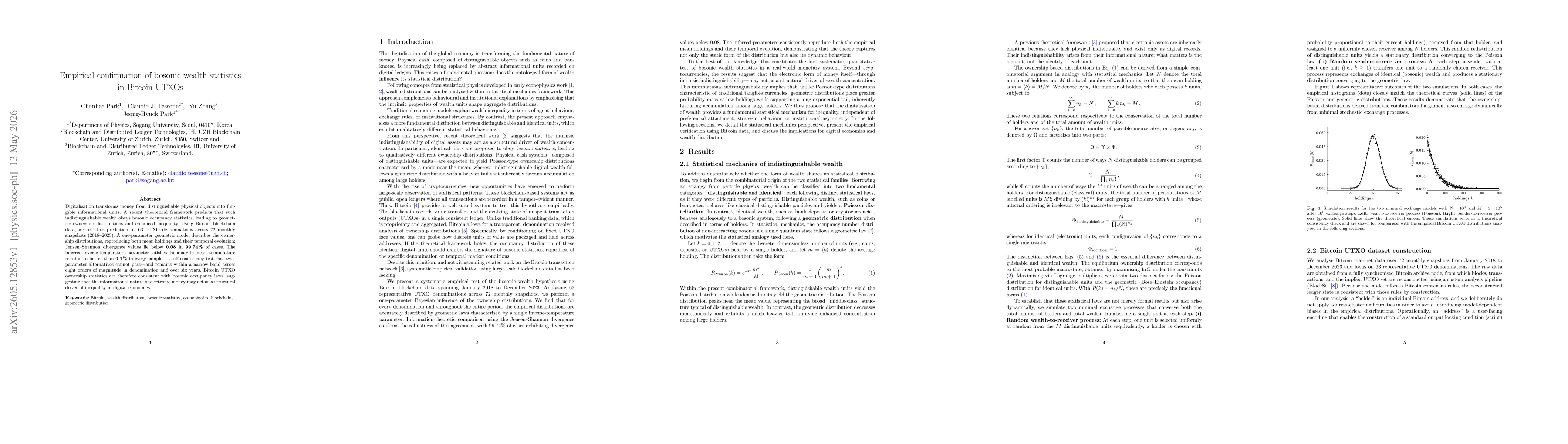 Thumbnail for Empirical confirmation of bosonic wealth statistics in Bitcoin UTXOs
