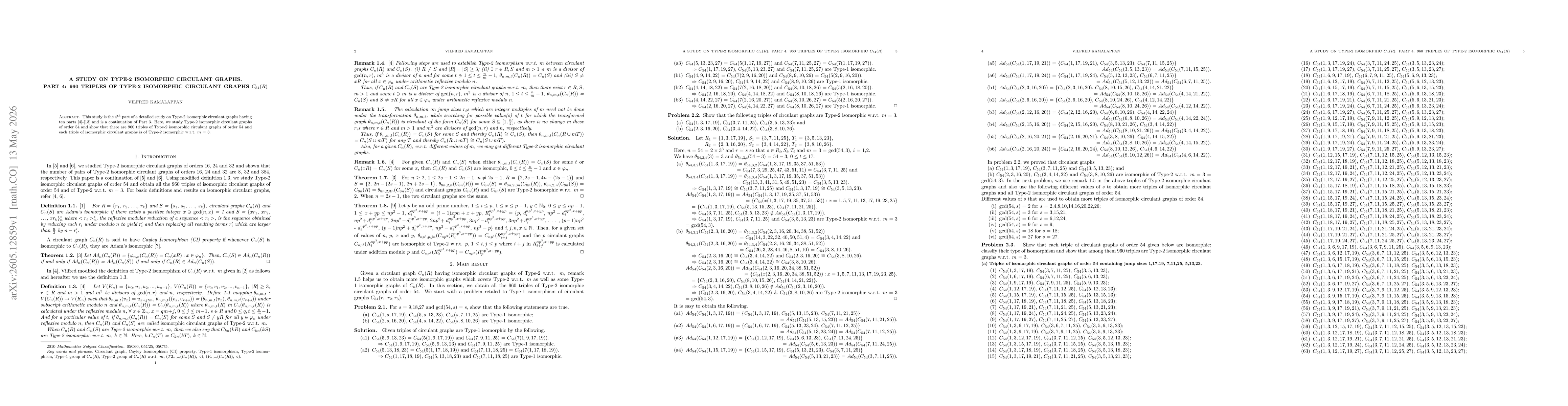 Thumbnail for A study on Type-2 isomorphic circulant graphs. Part 4: 960 triples of Type-2 isomorphic circulant graphs $C_{54}(R)$