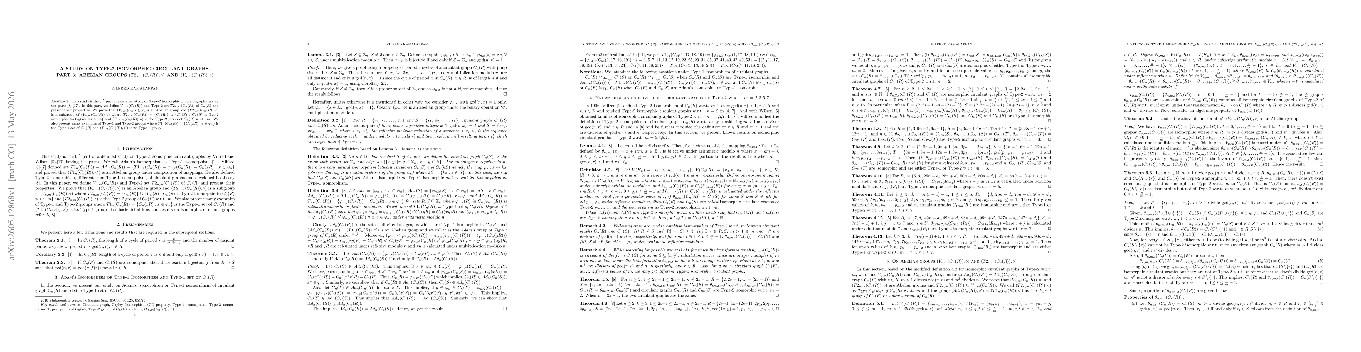 Thumbnail for A study on Type-2 isomorphic circulant graphs. Part 6: Abelian groups $(T2_{n,m}(C_n(R)), \circ)$ and $(V_{n,m}(C_n(R)), \circ)$