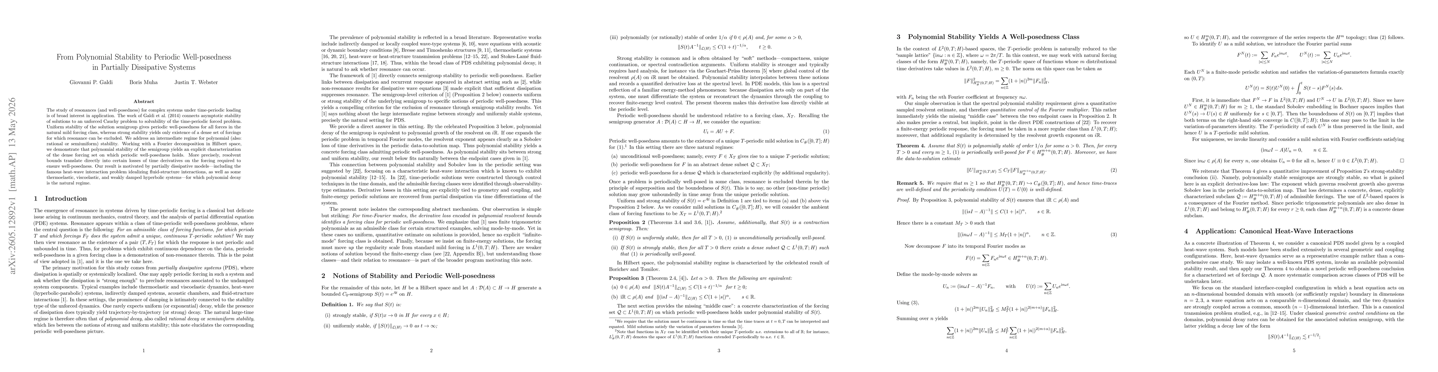 Thumbnail for From Polynomial Stability to Periodic Well-posedness in Partially Dissipative Systems