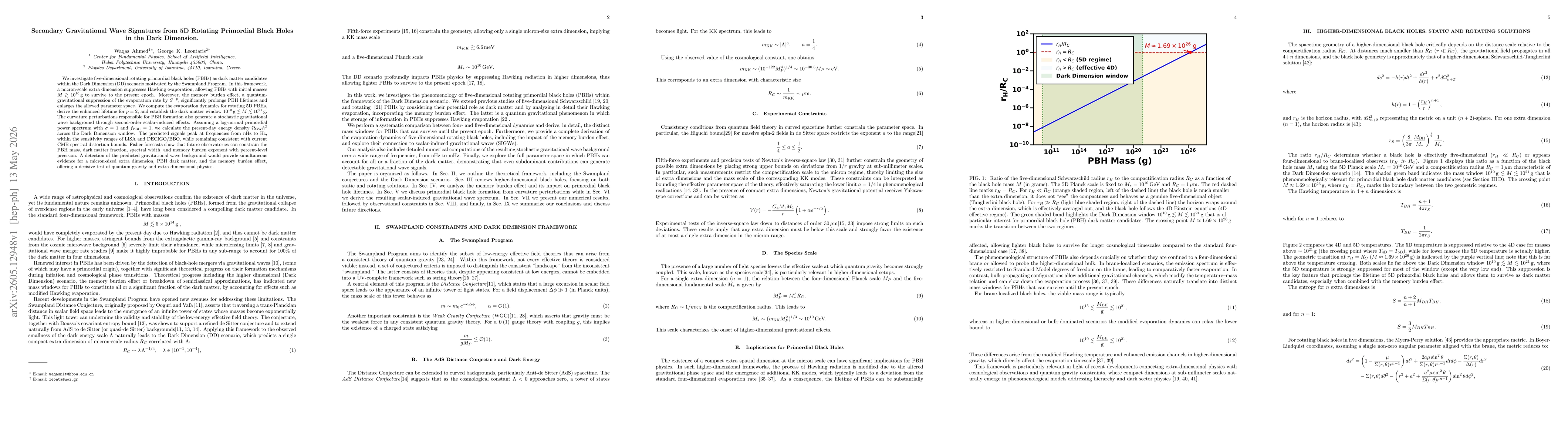 Thumbnail for Secondary Gravitational Wave Signatures from 5D Rotating Primordial Black Holes in the Dark Dimension