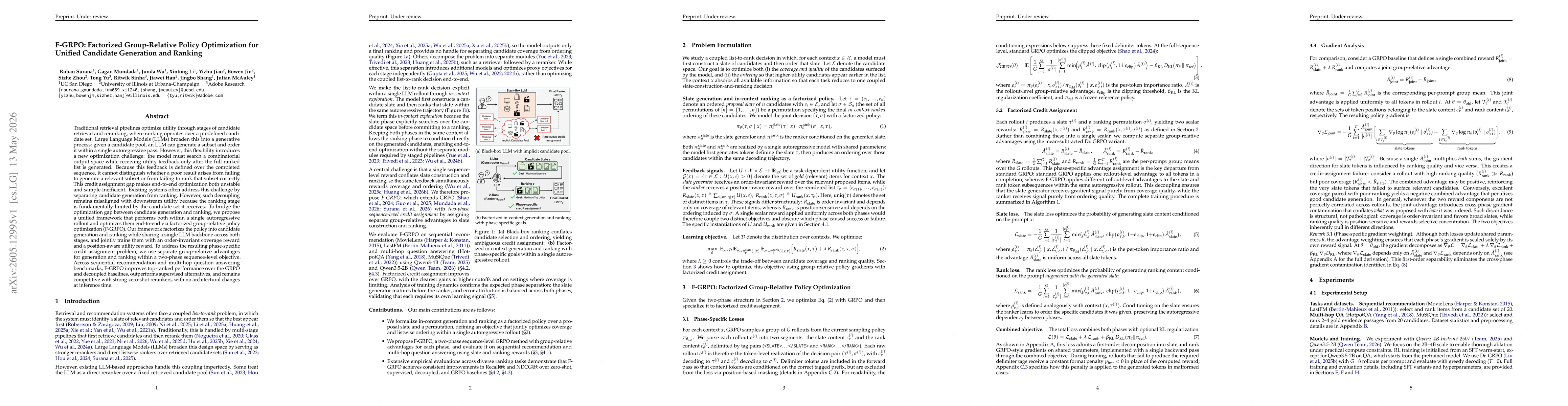 Thumbnail for F-GRPO: Factorized Group-Relative Policy Optimization for Unified Candidate Generation and Ranking