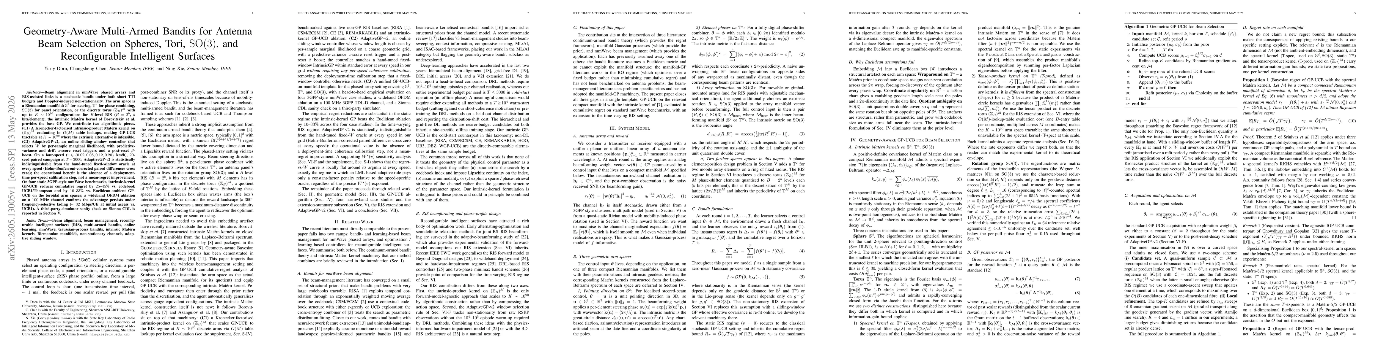 Thumbnail for Geometry-Aware Multi-Armed Bandits for Antenna Beam Selection on Spheres, Tori, $\SO(3)$, and Reconfigurable Intelligent Surfaces