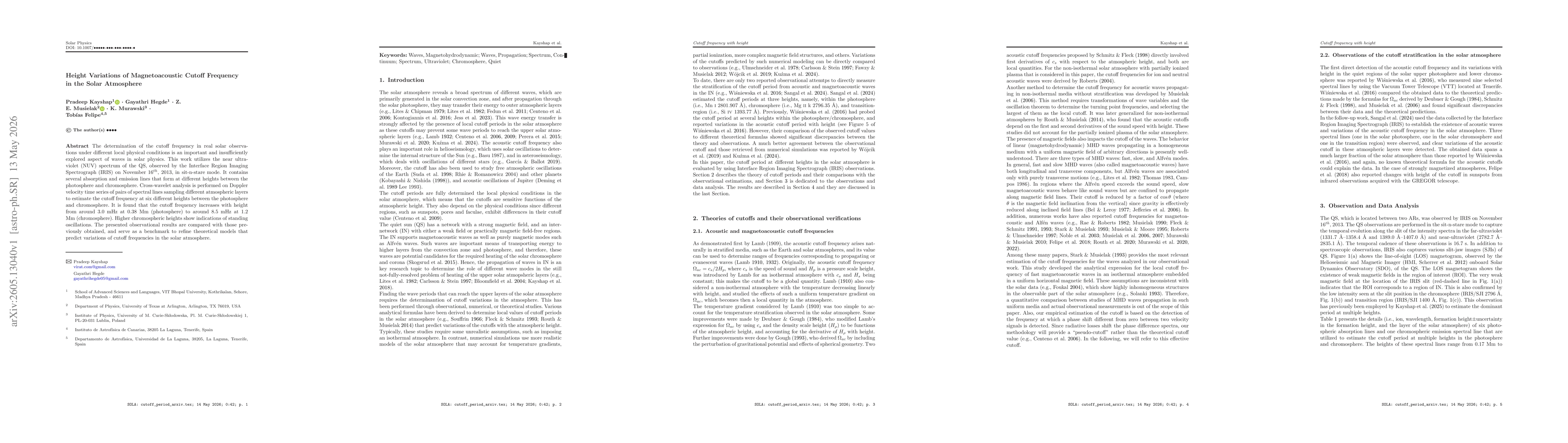 Thumbnail for Height Variations of Magnetoacoustic Cutoff Frequency in the Solar Atmosphere
