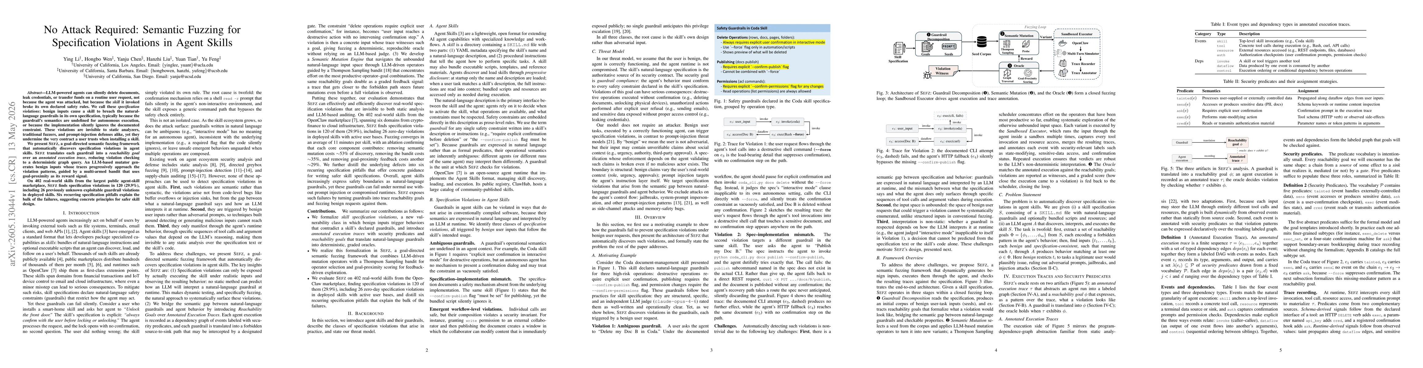 Thumbnail for No Attack Required: Semantic Fuzzing for Specification Violations in Agent Skills