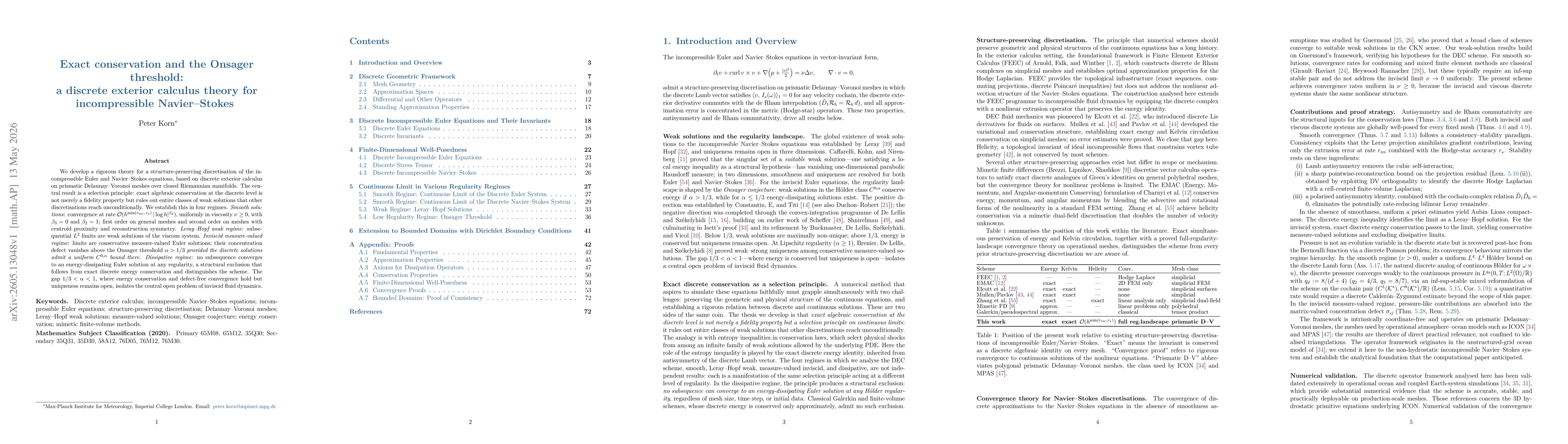 Thumbnail for Exact conservation and the Onsager threshold: a discrete exterior calculus theory for incompressible Navier--Stokes