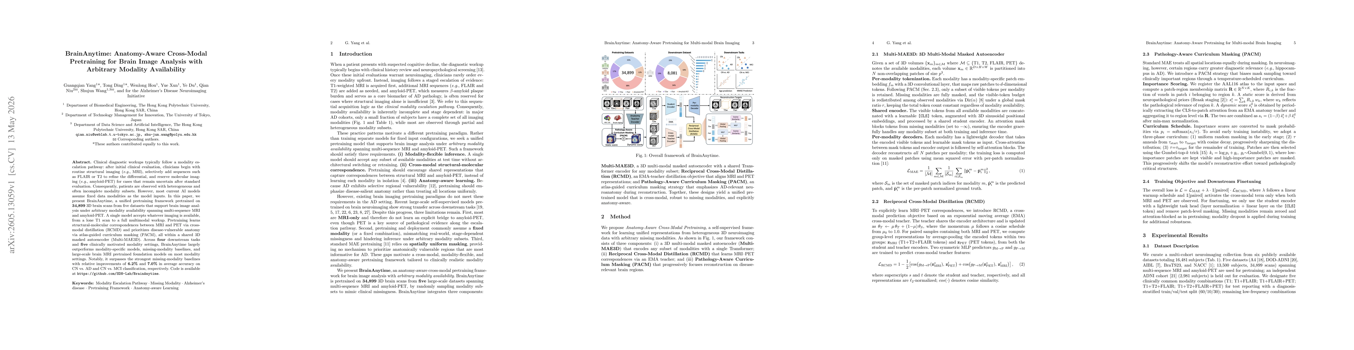 Thumbnail for BrainAnytime: Anatomy-Aware Cross-Modal Pretraining for Brain Image Analysis with Arbitrary Modality Availability