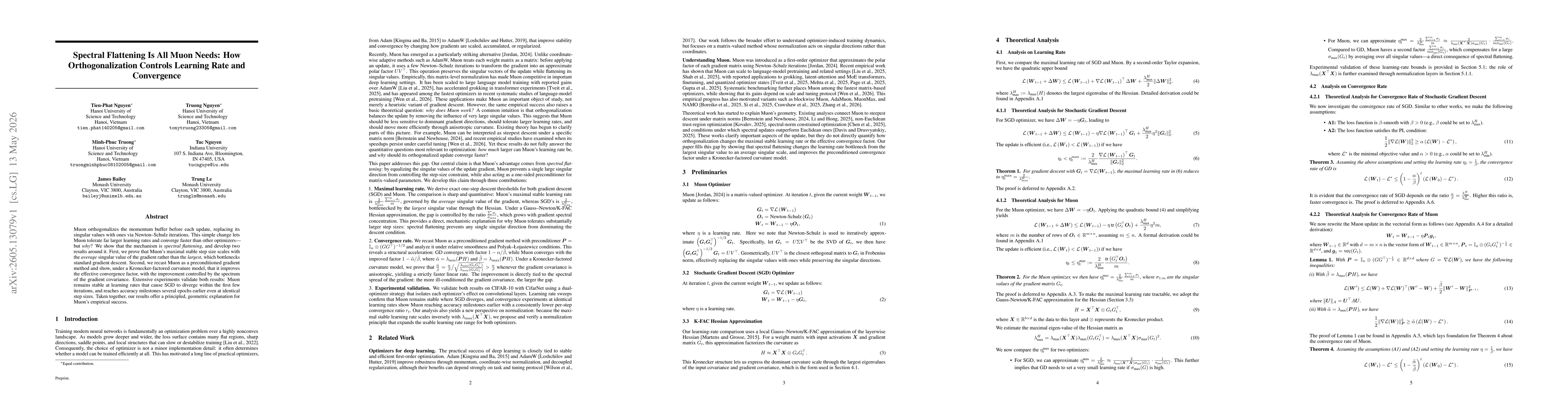 Thumbnail for Spectral Flattening Is All Muon Needs: How Orthogonalization Controls Learning Rate and Convergence