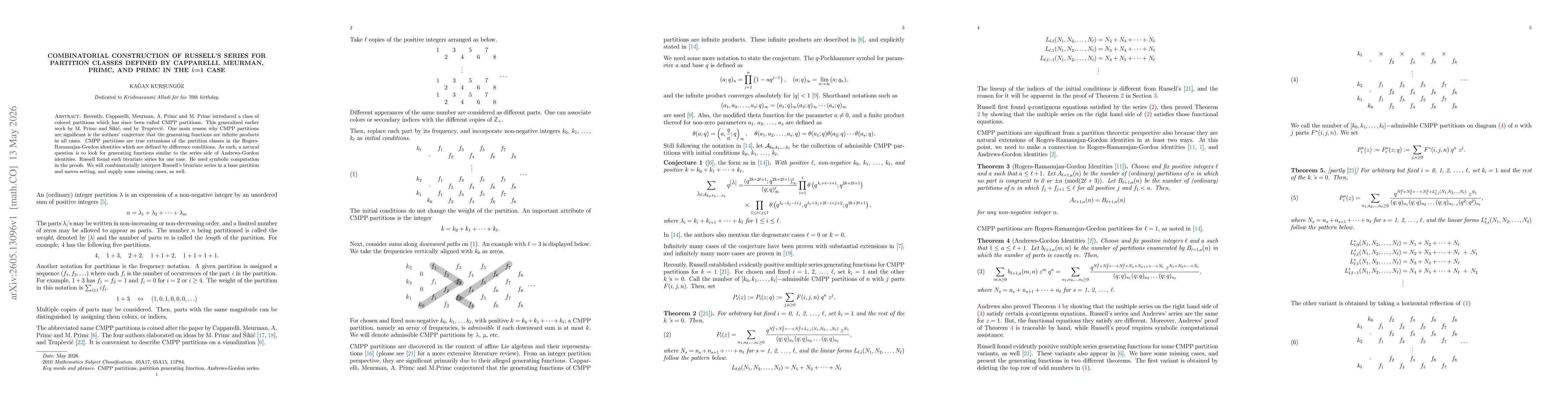 Thumbnail for Combinatorial construction of Russell's series for partition classes defined by Capparelli, Meurman, Primc, and Primc in the $k$=1 Case