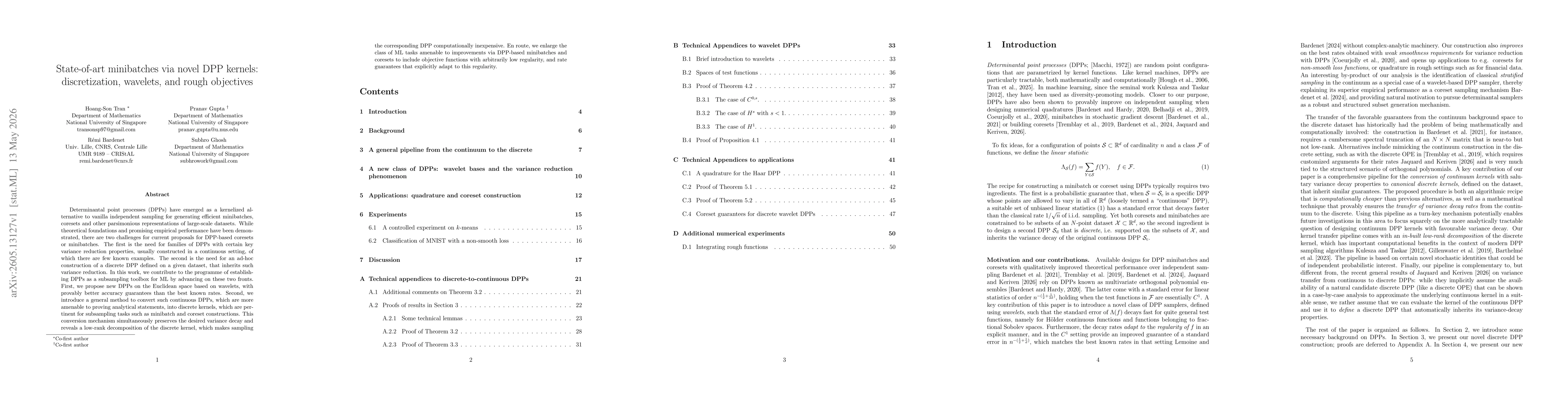 Thumbnail for State-of-art minibatches via novel DPP kernels: discretization, wavelets, and rough objectives