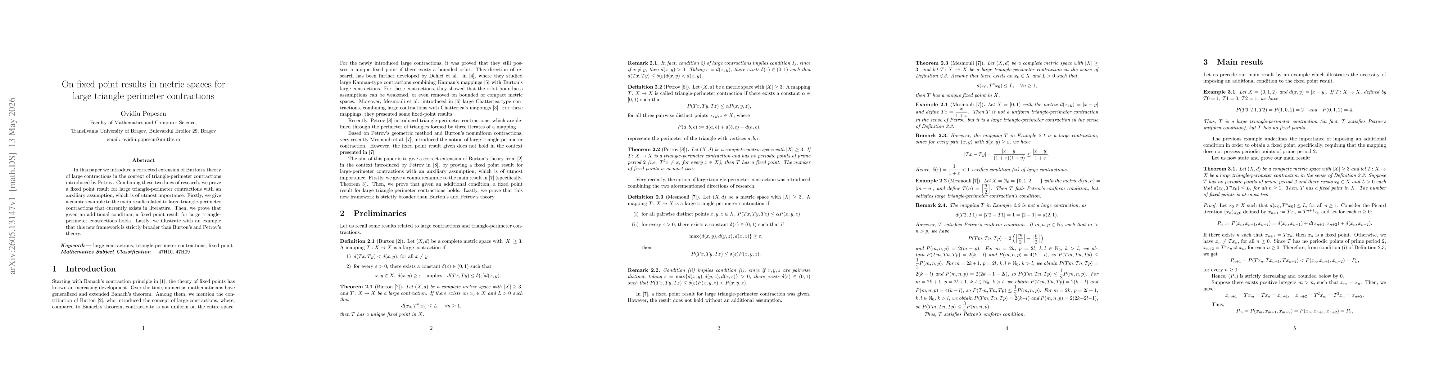 Thumbnail for On fixed point results in metric spaces for large triangle-perimeter contractions