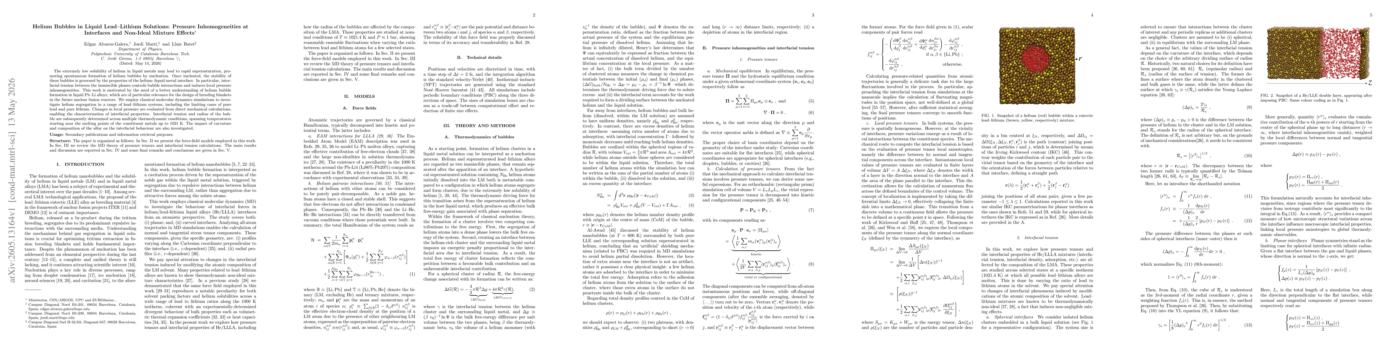 Thumbnail for Helium Bubbles in Liquid Lead Lithium Solutions: Pressure Inhomogeneities at Interfaces and Non Ideal Mixture Effects