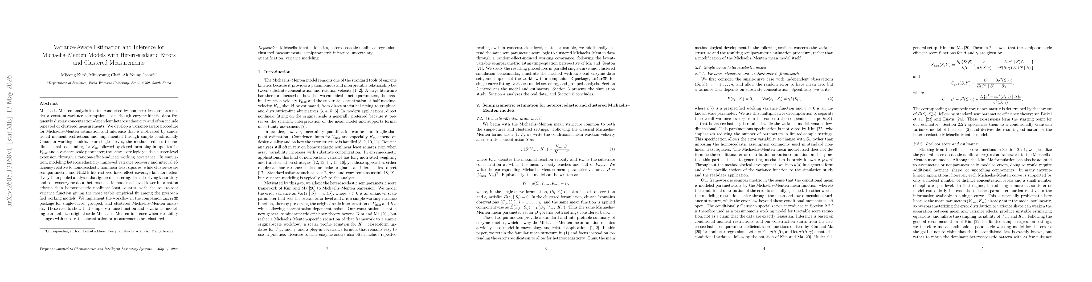 Thumbnail for Variance-Aware Estimation and Inference for Michaelis--Menten Models with Heteroscedastic Errors and Clustered Measurements