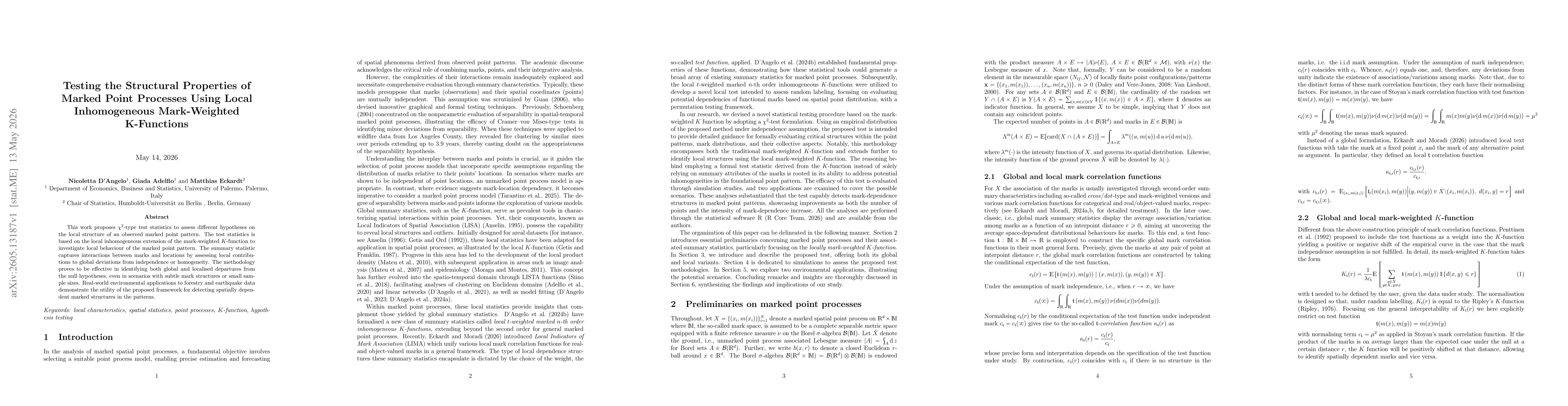 Thumbnail for Testing the Structural Properties of Marked Point Processes Using Local Inhomogeneous Mark-Weighted K-Functions