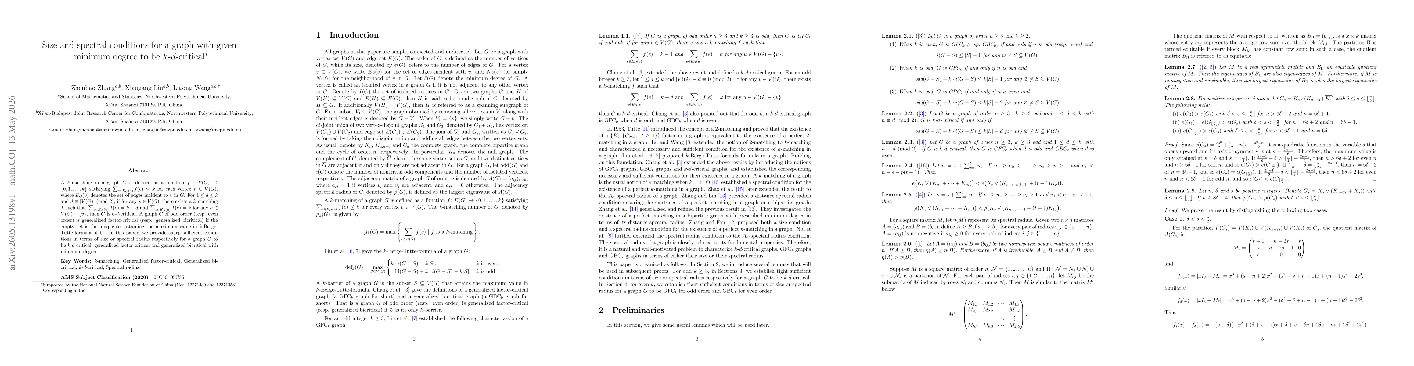 Thumbnail for Size and spectral conditions for a graph with given minimum degree to be $k$-$d$-critical