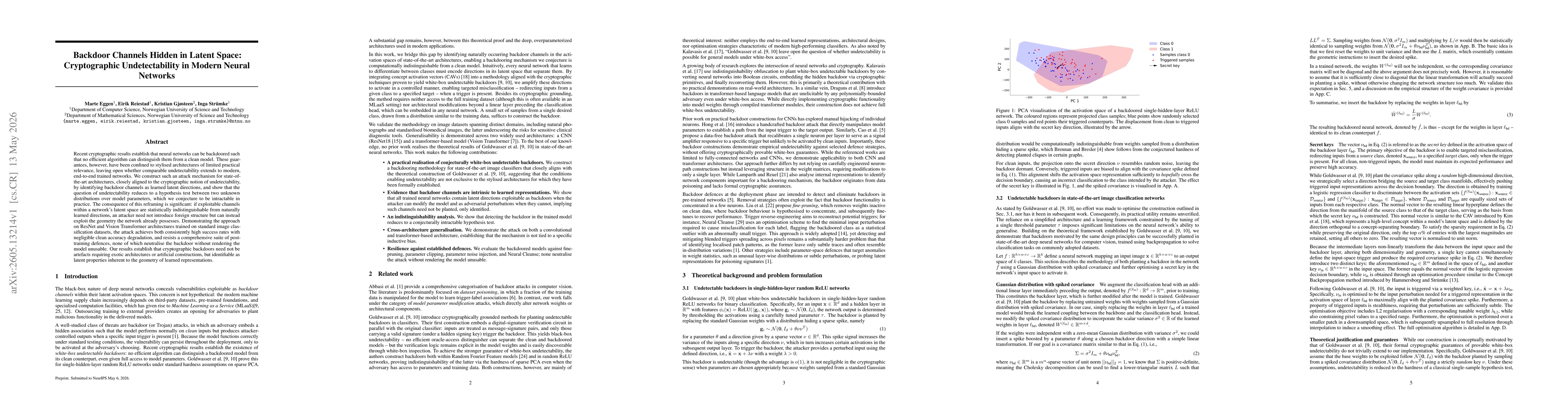 Thumbnail for Backdoor Channels Hidden in Latent Space: Cryptographic Undetectability in Modern Neural Networks