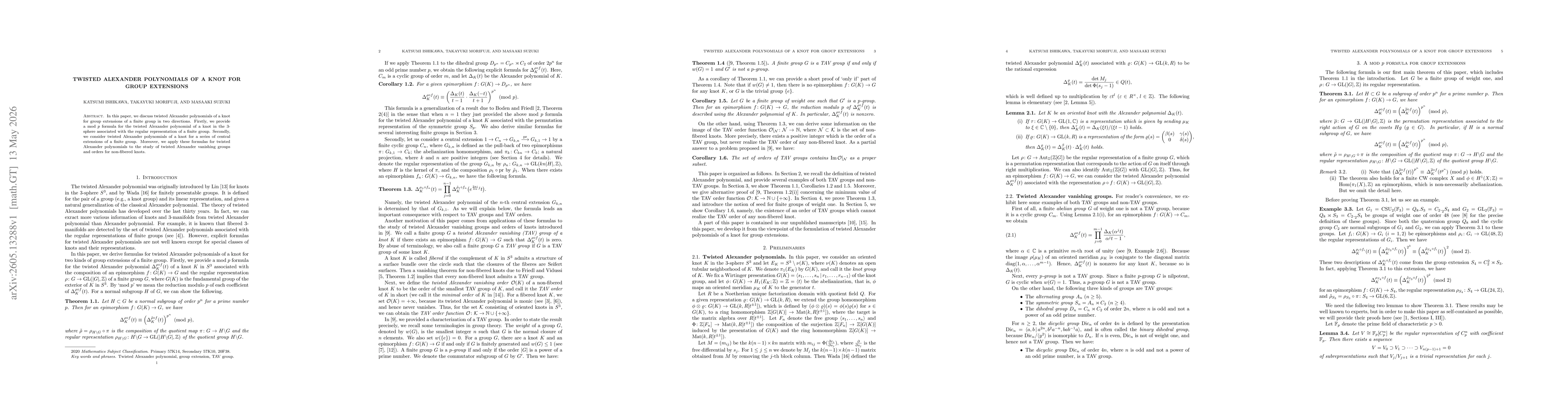 Thumbnail for Twisted Alexander polynomials of a knot for group extensions