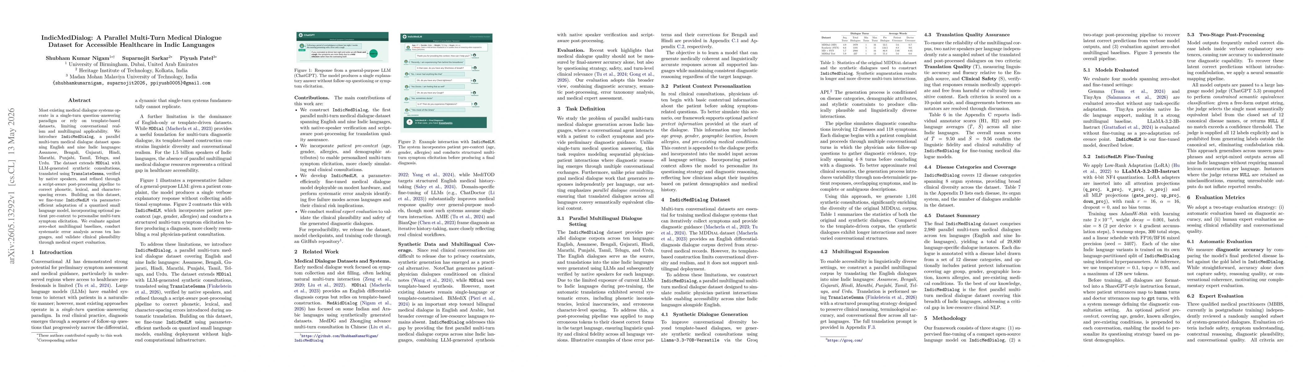 Thumbnail for IndicMedDialog: A Parallel Multi-Turn Medical Dialogue Dataset for Accessible Healthcare in Indic Languages