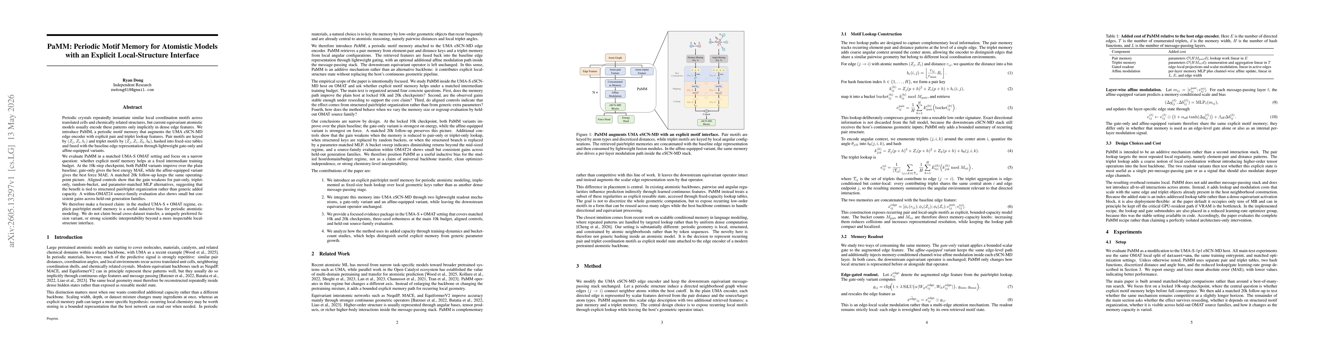 Thumbnail for PaMM: Periodic Motif Memory for Atomistic Models with an Explicit Local-Structure Interface
