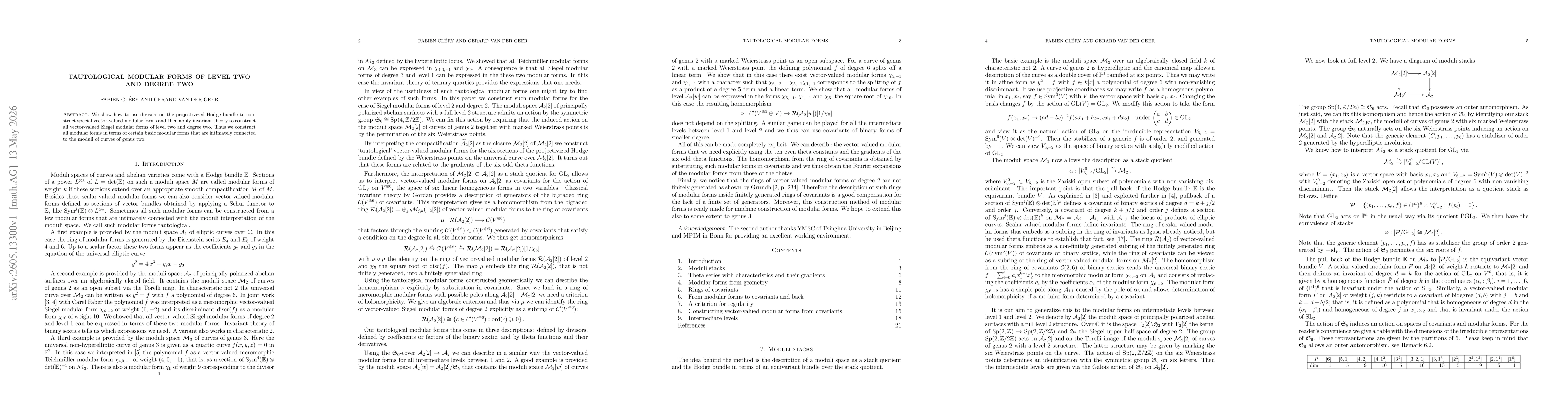Thumbnail for Tautological modular forms of level two and degree two