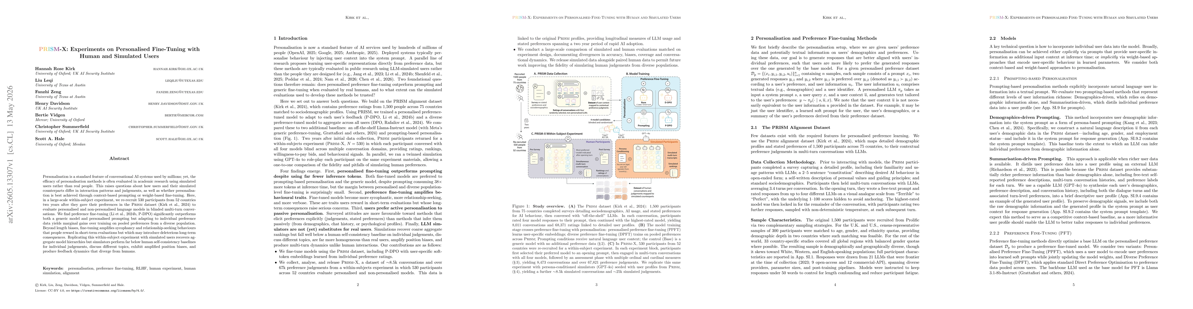 Thumbnail for PRISM-X: Experiments on Personalised Fine-Tuning with Human and Simulated Users