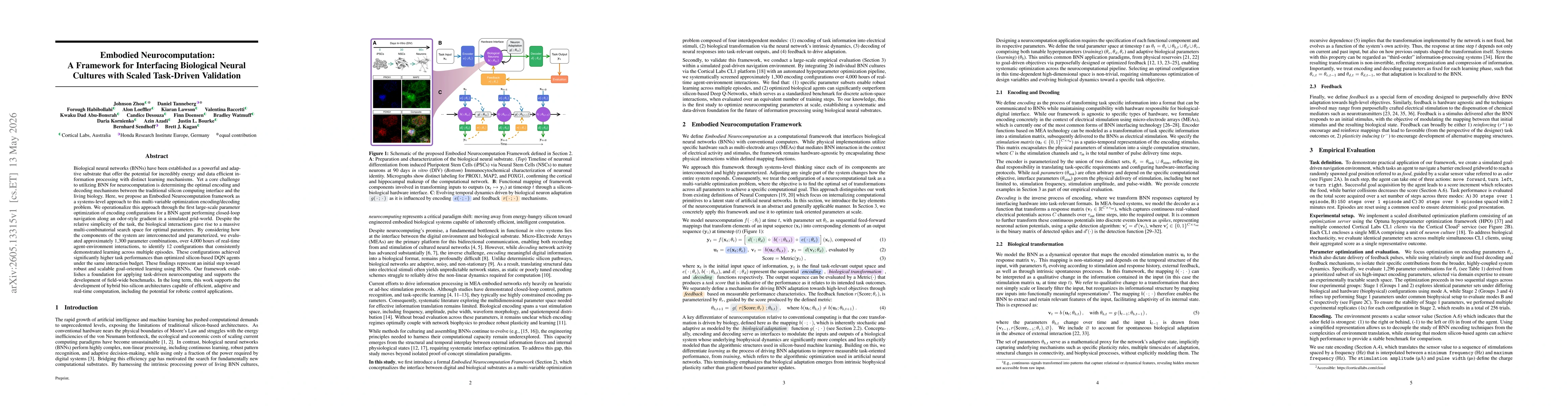 Thumbnail for Embodied Neurocomputation: A Framework for Interfacing Biological Neural Cultures with Scaled Task-Driven Validation
