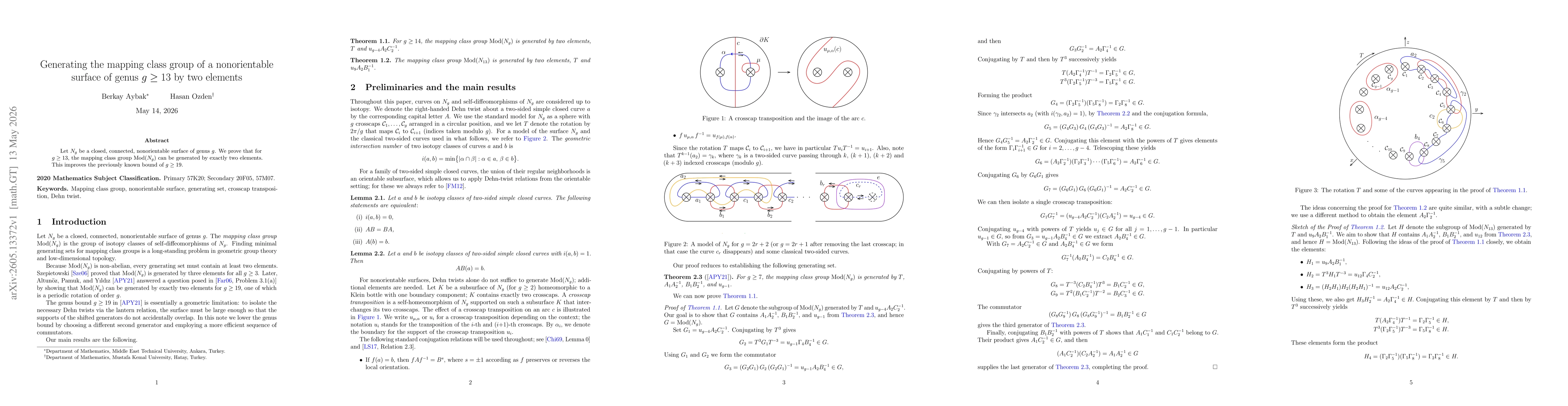 Thumbnail for Generating the mapping class group of a nonorientable surface of genus $g \geq 13$ by two elements
