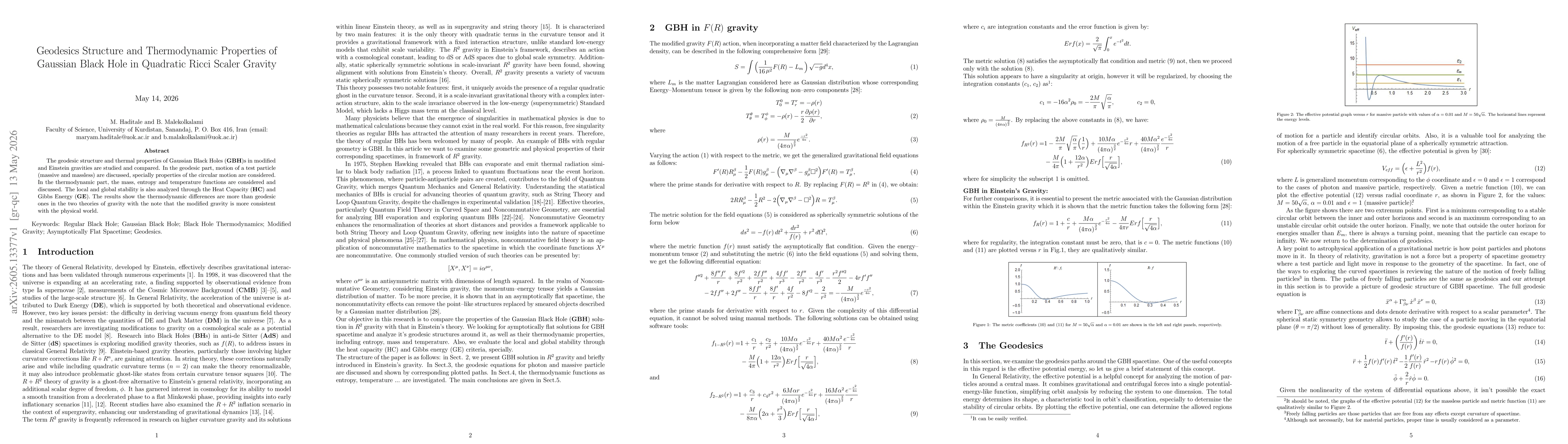 Thumbnail for Geodesics Structure and Thermodynamic Properties of Gaussian Black Hole in Quadratic Ricci Scaler Gravity