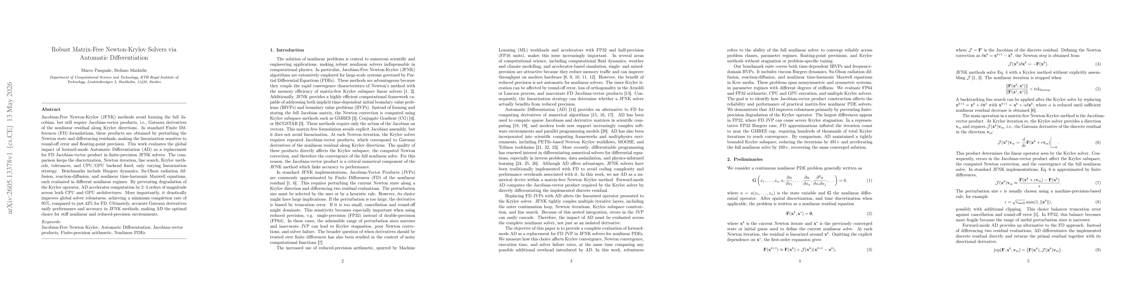 Thumbnail for Robust Matrix-Free Newton-Krylov Solvers via Automatic Differentiation