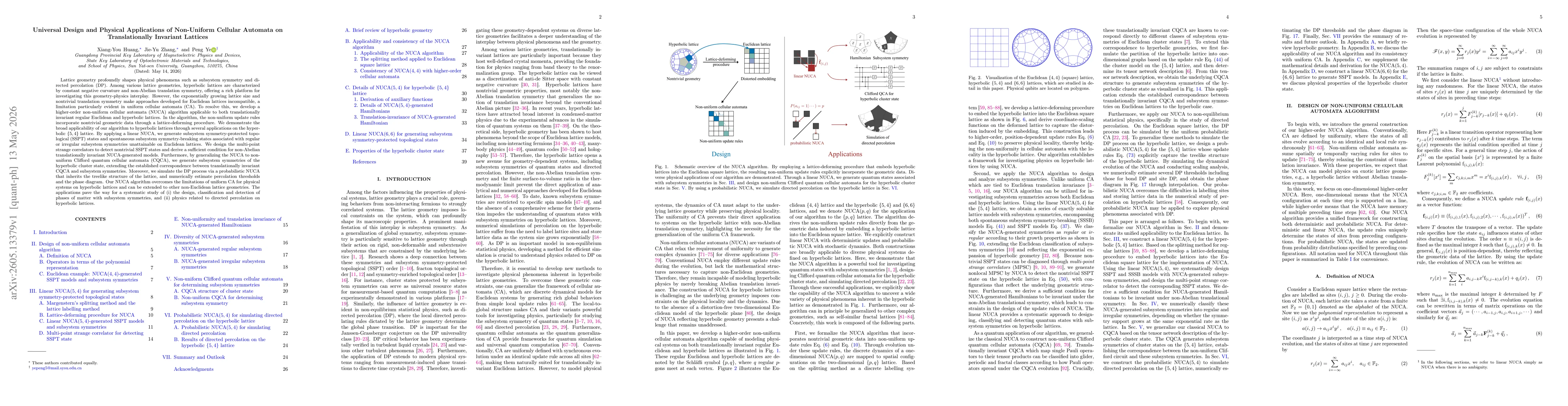 Thumbnail for Universal Design and Physical Applications of Non-Uniform Cellular Automata on Translationally Invariant Lattices