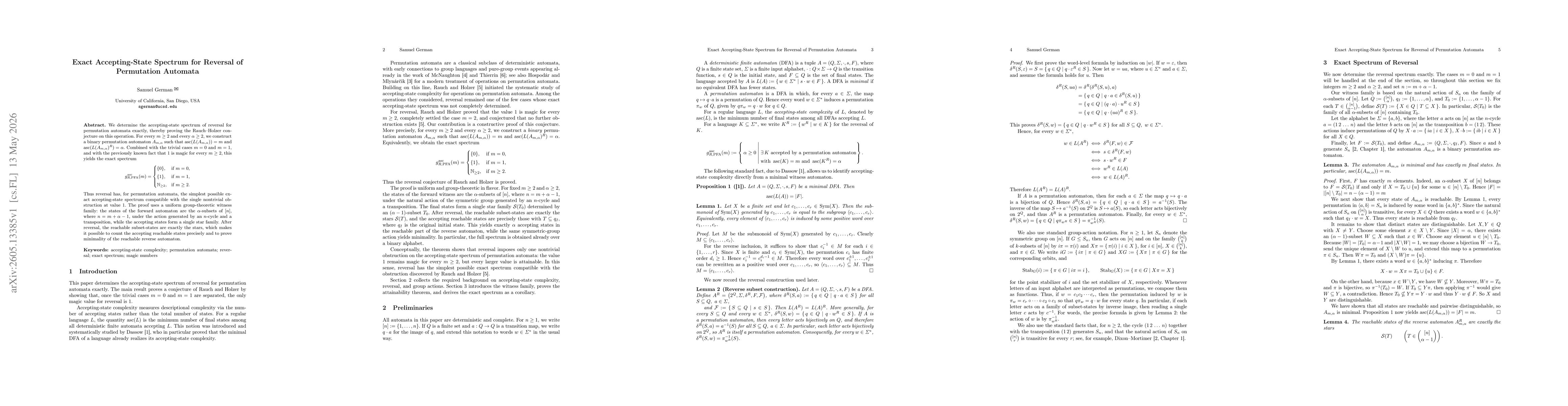 Thumbnail for Exact Accepting-State Spectrum for Reversal of Permutation Automata